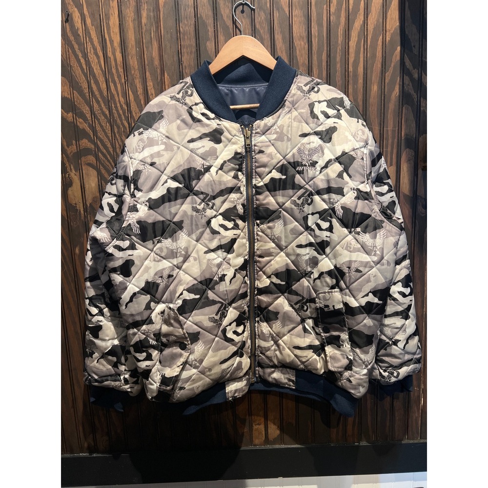 Avirex Reversible Bomber Jacket Mens Camo Quilted Navy Blue Flight Jacket